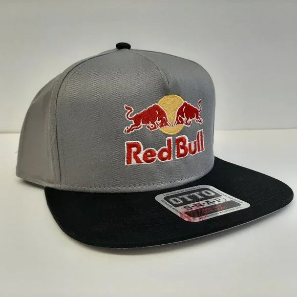 Red Bull Embroidered Flat Bill Snapback Full Coverage Cotton Gray Black Hat Cap