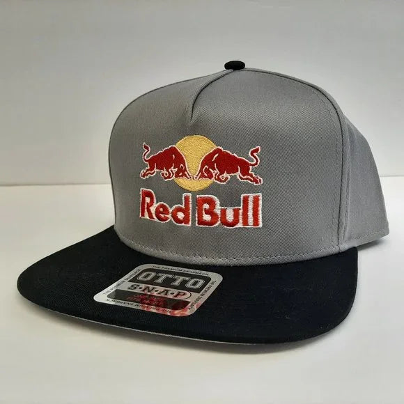 Red Bull Embroidered Flat Bill Snapback Full Coverage Cotton Gray Black Hat Cap