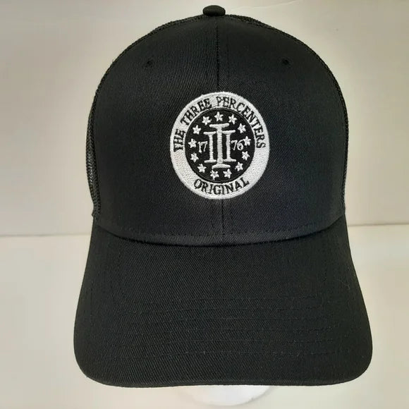 Three Percenters Mesh Trucker Snapback Curved Bill Embroidered Cap Hat Black