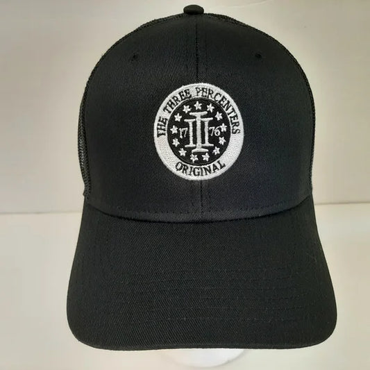 Three Percenters Mesh Trucker Snapback Curved Bill Embroidered Cap Hat Black