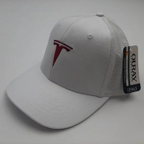 Tesla Embroidered Mesh Snapback Cap Hat White