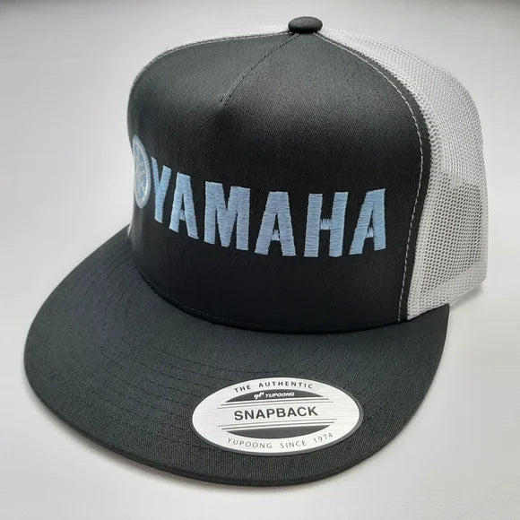 Yamaha Embroidered Trucker Flat Bill Mesh Snapback Cap Hat Gray & White