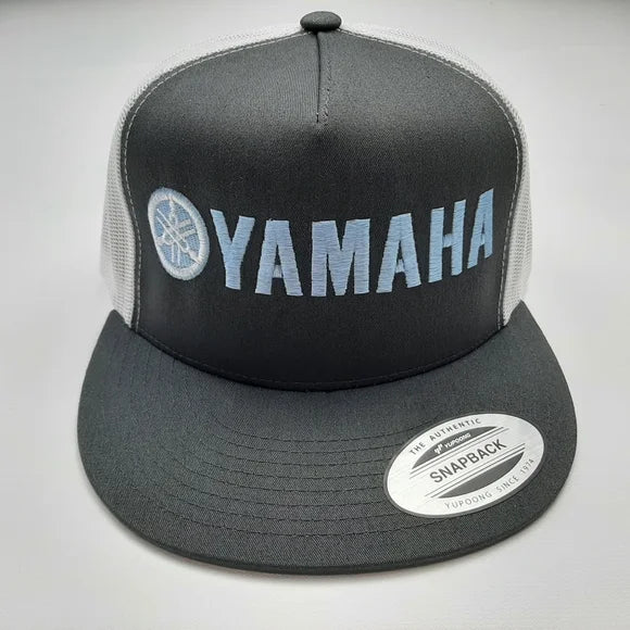 Yamaha Embroidered Trucker Flat Bill Mesh Snapback Cap Hat Gray & White