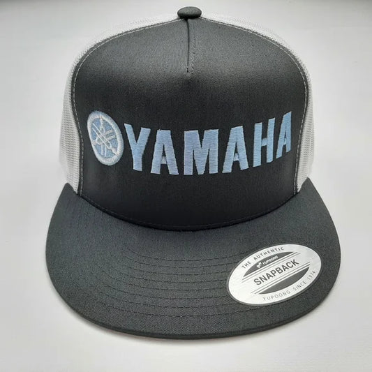 Yamaha Embroidered Trucker Flat Bill Mesh Snapback Cap Hat Gray & White