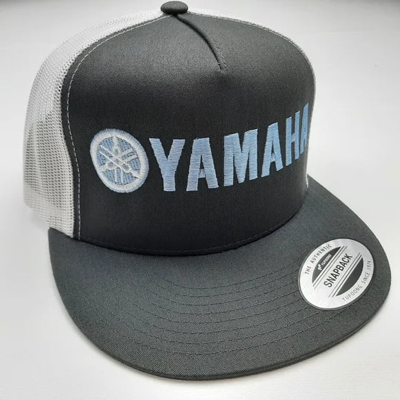 Yamaha Embroidered Trucker Flat Bill Mesh Snapback Cap Hat Gray & White