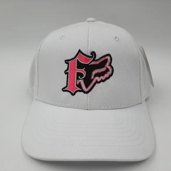 Fox Embroidered Hat Cap Mesh Snapback Curved Bill Trucker White