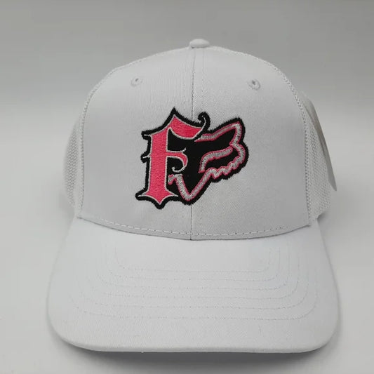 Fox Embroidered Hat Cap Mesh Snapback Curved Bill Trucker White