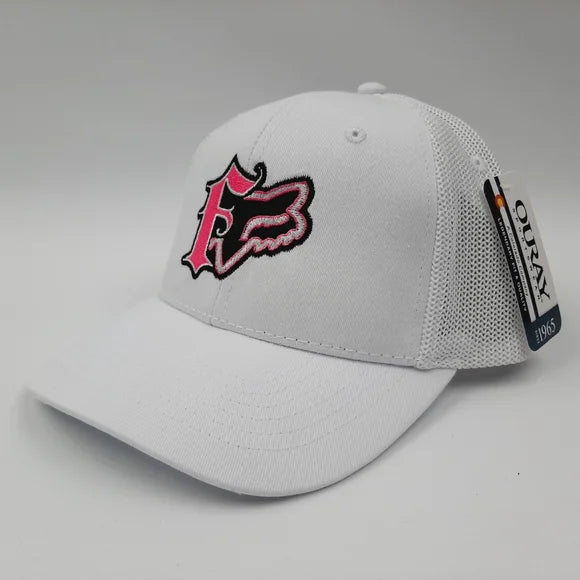 Fox Embroidered Hat Cap Mesh Snapback Curved Bill Trucker White