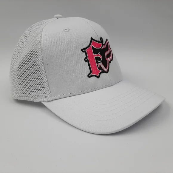 Fox Embroidered Hat Cap Mesh Snapback Curved Bill Trucker White