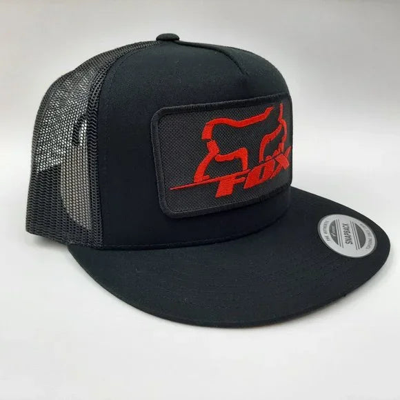 Fox Racing Embroidered Patch Red Flat Bill Mesh Snapback Baseball Cap Hat Black