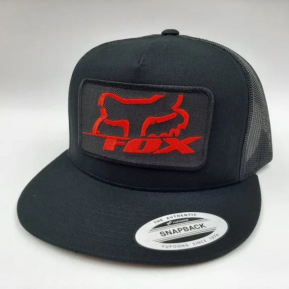 Fox Racing Embroidered Patch Red Flat Bill Mesh Snapback Baseball Cap Hat Black