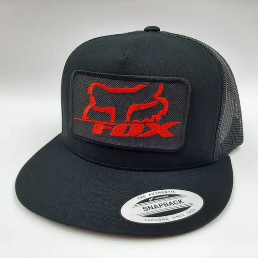 Fox Racing Embroidered Patch Red Flat Bill Mesh Snapback Baseball Cap Hat Black