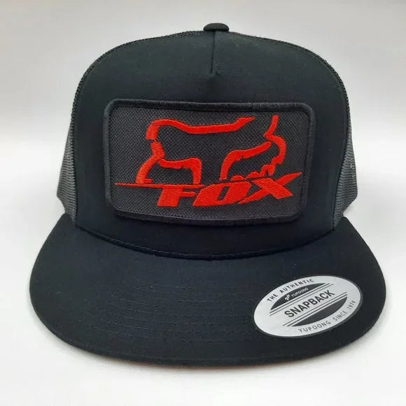 Fox Racing Embroidered Patch Red Flat Bill Mesh Snapback Baseball Cap Hat Black