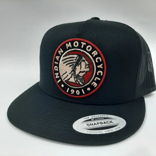 Indian Motorcycles Patch Flat Bill Trucker Mesh Snapback Cap Hat Black
