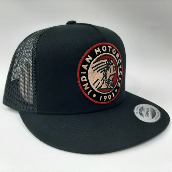 Indian Motorcycles Patch Flat Bill Trucker Mesh Snapback Cap Hat Black