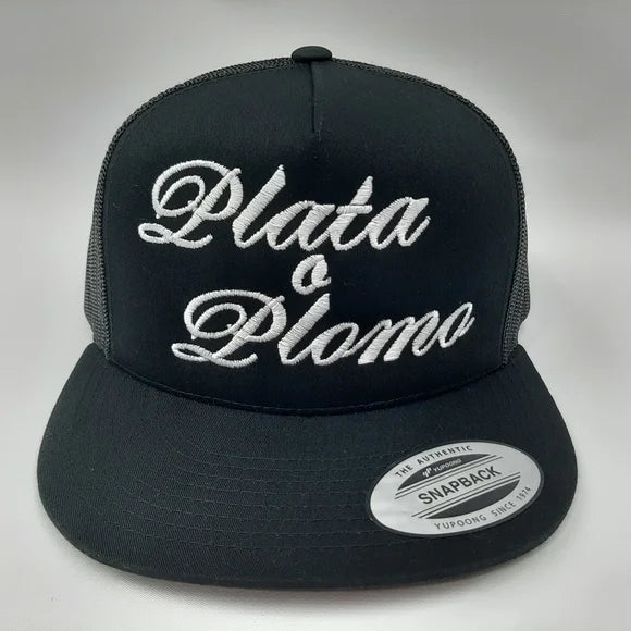 Cowboy Cartel "Plata O Plomo" Flat Bill Mesh Snapback Trucker Hat Cap Black
