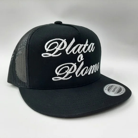 Cowboy Cartel "Plata O Plomo" Flat Bill Mesh Snapback Trucker Hat Cap Black
