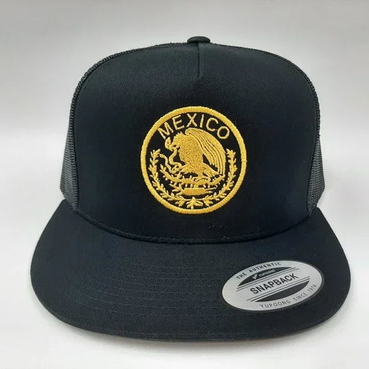 Mexico Mexican National Seal Trucker Flat Bill Mesh Snapback Black