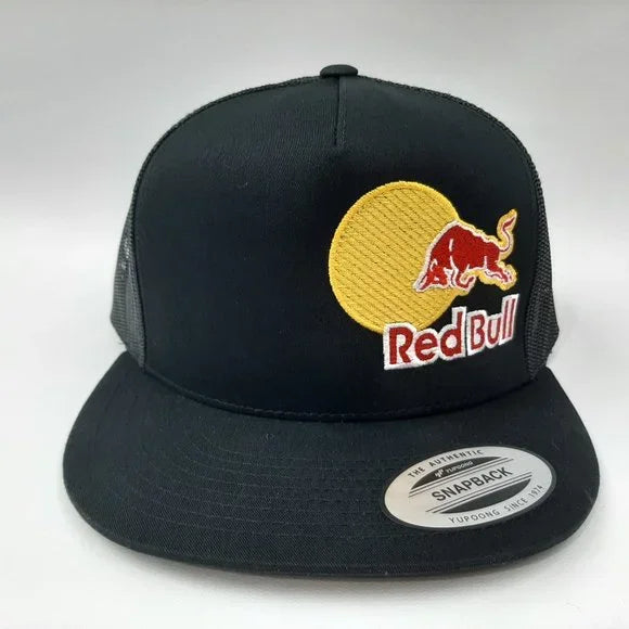 Red Bull Flat Bill Mesh Trucker Snapback Cap Hat Black Embroidered