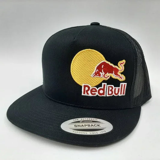Red Bull Flat Bill Mesh Trucker Snapback Cap Hat Black Embroidered