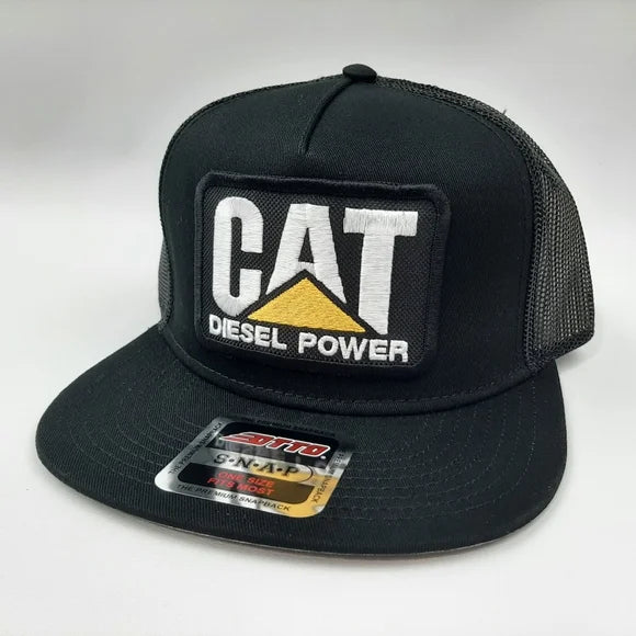Cat Diesel Power Embroidered Patch Flat Bill Trucker Mesh Snapback Cap Hat Black