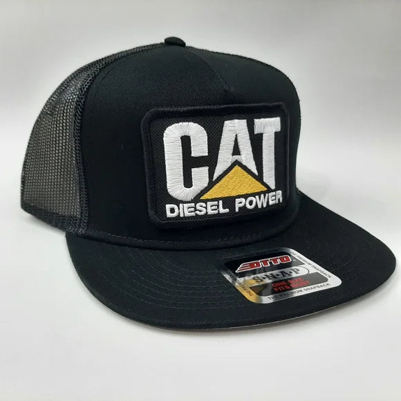 Cat Diesel Power Embroidered Patch Flat Bill Trucker Mesh Snapback Cap Hat Black