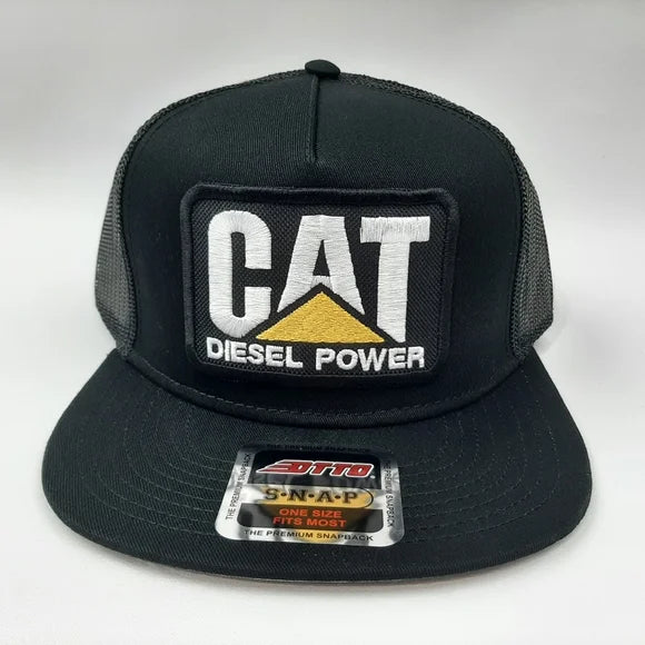 Cat Diesel Power Embroidered Patch Flat Bill Trucker Mesh Snapback Cap Hat Black