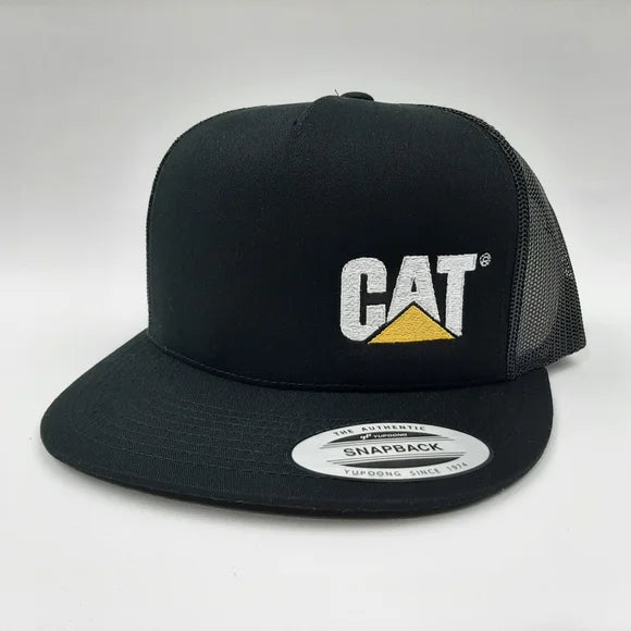 Caterpillar Cat Flat Bill Trucker Mesh Snapback Cap Hat Black Embroidered