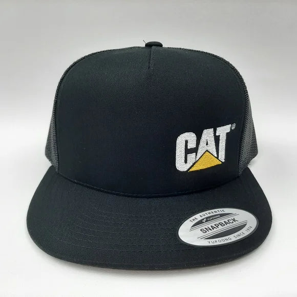 Caterpillar Cat Flat Bill Trucker Mesh Snapback Cap Hat Black Embroidered