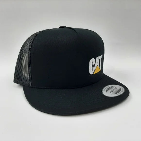 Caterpillar Cat Flat Bill Trucker Mesh Snapback Cap Hat Black Embroidered
