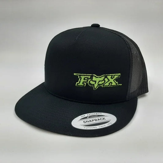 Fox Racing Embroidered Flat Bill Trucker Mesh Snapback Cap Hat Black