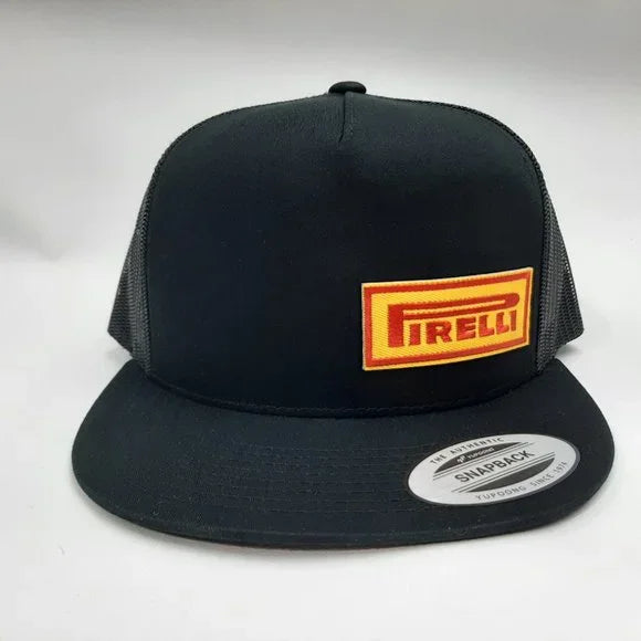 Pirelli Tires Flat Bill Mesh Snapback Trucker Cap Hat Black Embroidered Patch