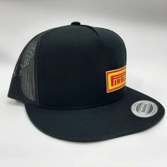 Pirelli Tires Flat Bill Mesh Snapback Trucker Cap Hat Black Embroidered Patch