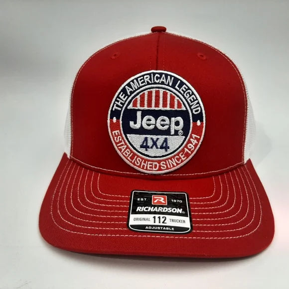 Jeep Richardson 112 Trucker Mesh Snapback Cap Hat Red & White Embroidered Patch