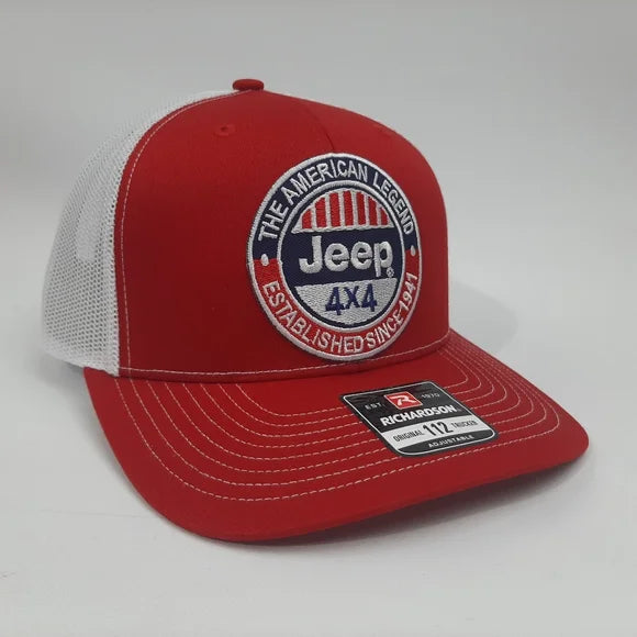 Jeep Richardson 112 Trucker Mesh Snapback Cap Hat Red & White Embroidered Patch