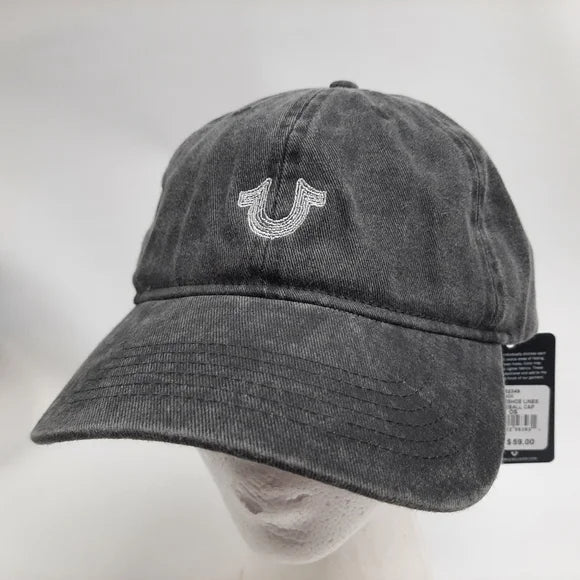 True Religion Embroidered Relaxed Cotton Snapback Hat Cap Black Garment Washed