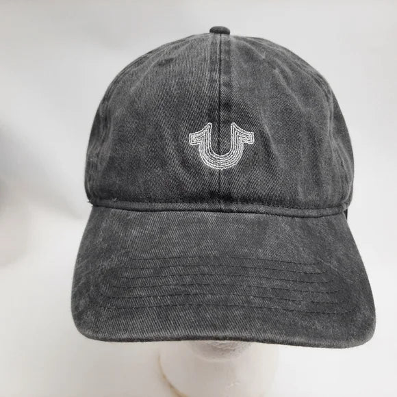 True Religion Embroidered Relaxed Cotton Snapback Hat Cap Black Garment Washed