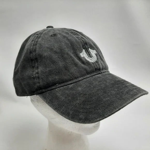 True Religion Embroidered Relaxed Cotton Snapback Hat Cap Black Garment Washed