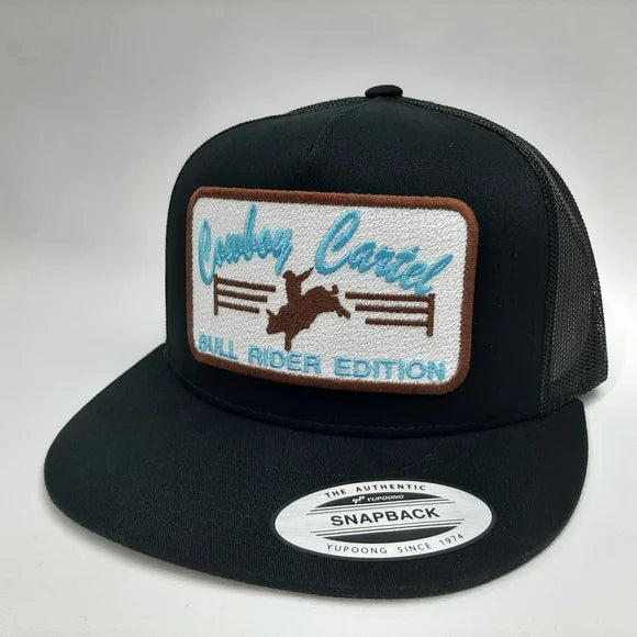 Cowboy Cartel Embroidered Patch Flat Bill Trucker Mesh Snapback Hat Black