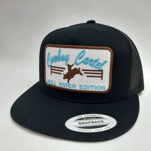 Cowboy Cartel Embroidered Patch Flat Bill Trucker Mesh Snapback Hat Black