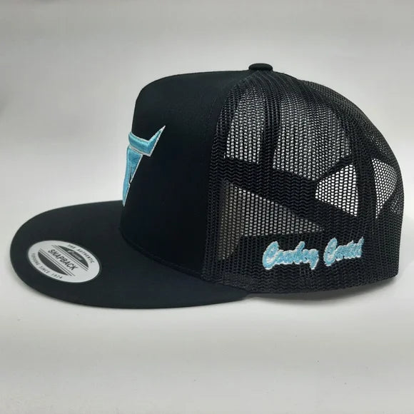 Cowboy Cartel Flat Bill Snapback Mesh Trucker Hat Cap Black Puff Embroidered