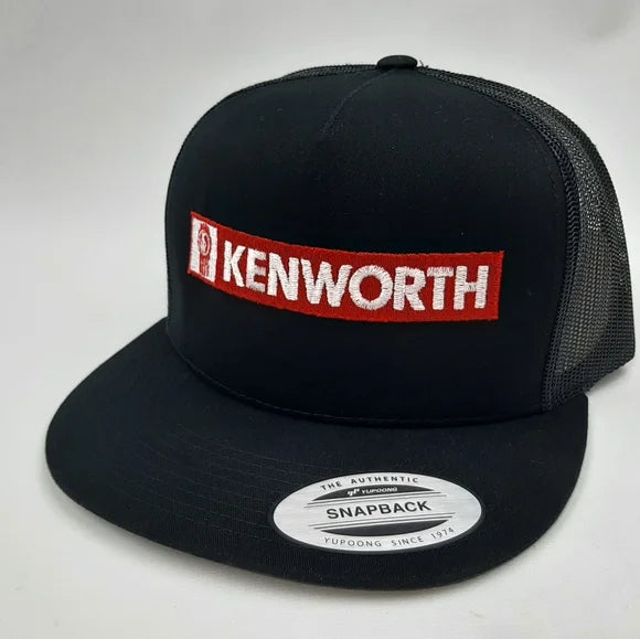 Kenworth Tractor Flat Bill Trucker Mesh Snapback Hat Cap Black Embroidered