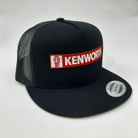 Kenworth Tractor Flat Bill Trucker Mesh Snapback Hat Cap Black Embroidered