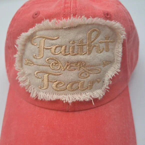 Faith Over Fear Women's Hat Cap Religious Cotton Pink Embroidered Ragged Patch