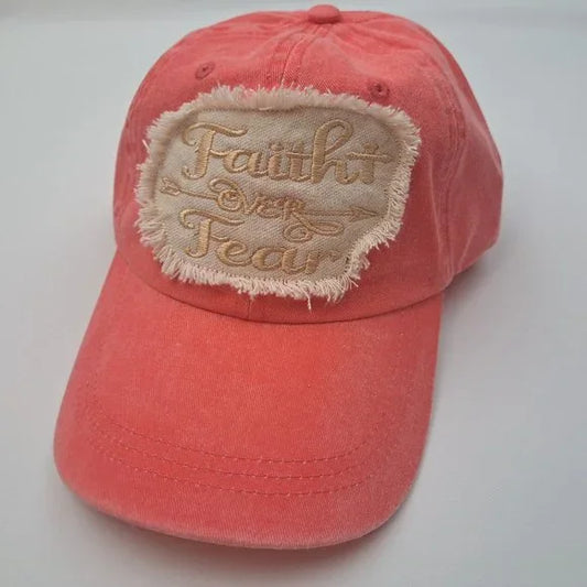 Faith Over Fear Women's Hat Cap Religious Cotton Pink Embroidered Ragged Patch