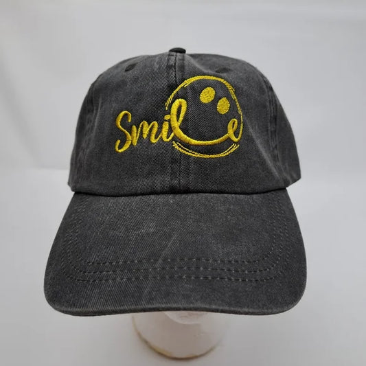 Smile smiley face embroidered hat cap gray washed cotton one size fits most