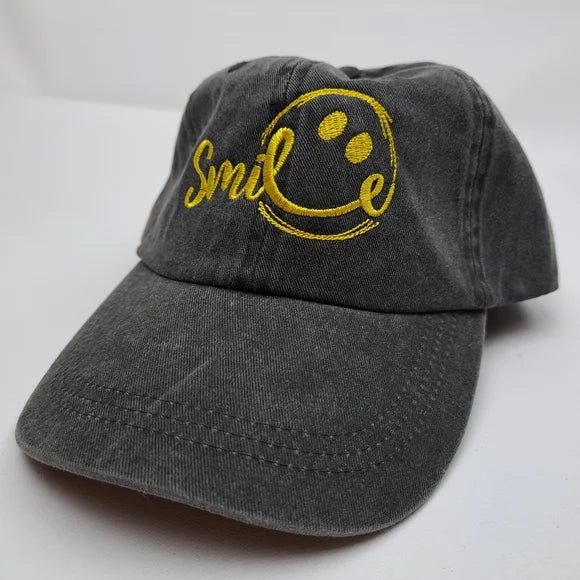 Smile smiley face embroidered hat cap gray washed cotton one size fits most