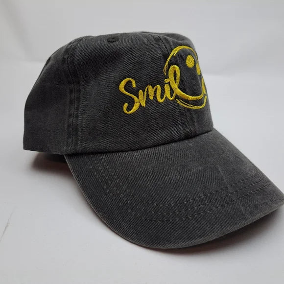Smile smiley face embroidered hat cap gray washed cotton one size fits most