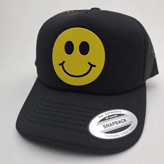 Smiley Face Happy Vibes Vintage Foam Trucker Mesh Snapback Cap Hat Black