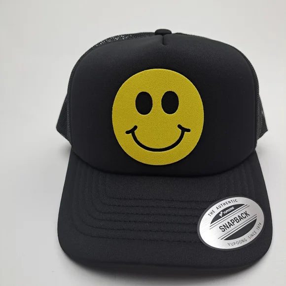 Smiley Face Happy Vibes Vintage Foam Trucker Mesh Snapback Cap Hat Black
